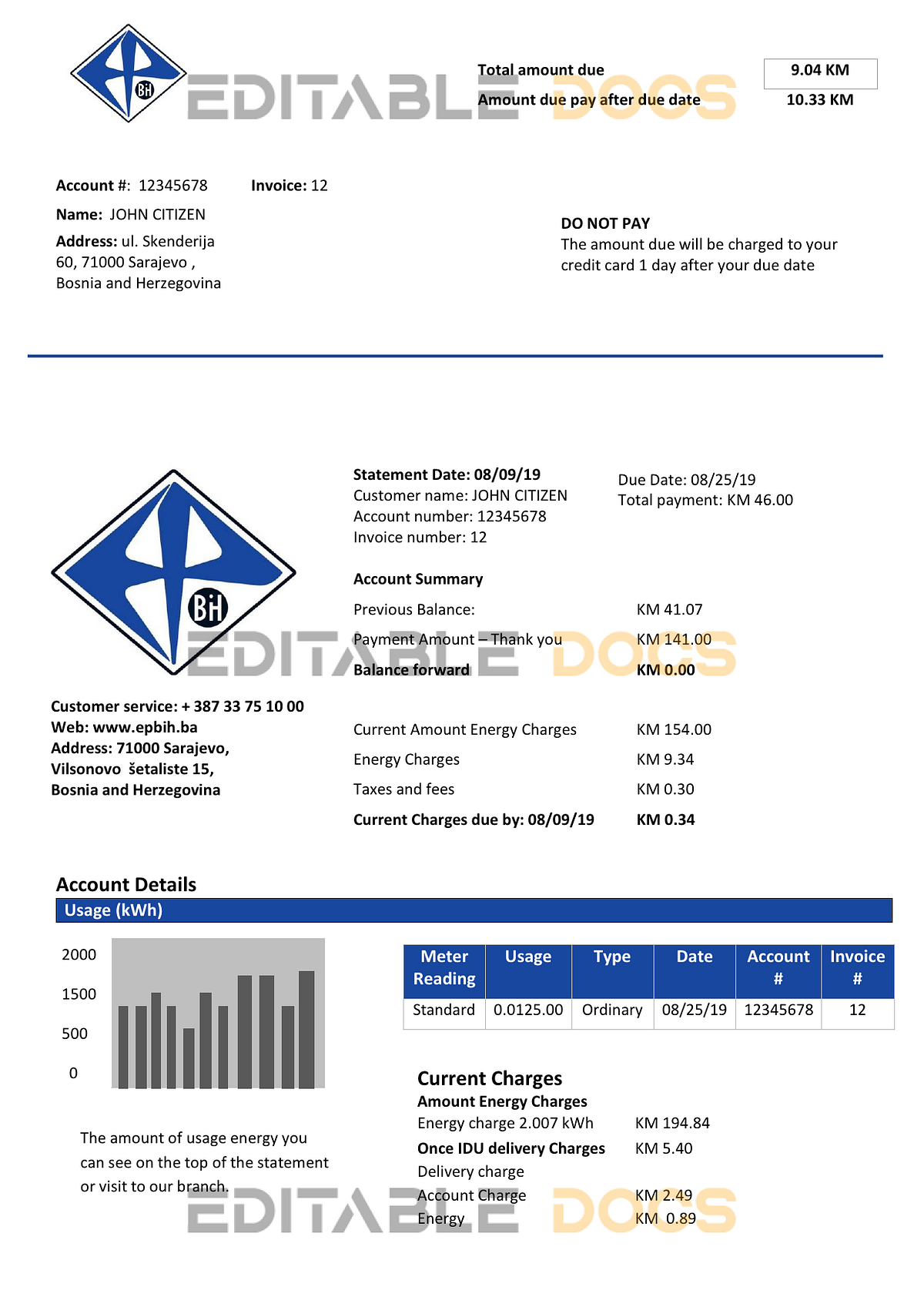Bosnia and Herzegovina Elektroprivreda BiH electricity utility bill template in Word and PDF ...