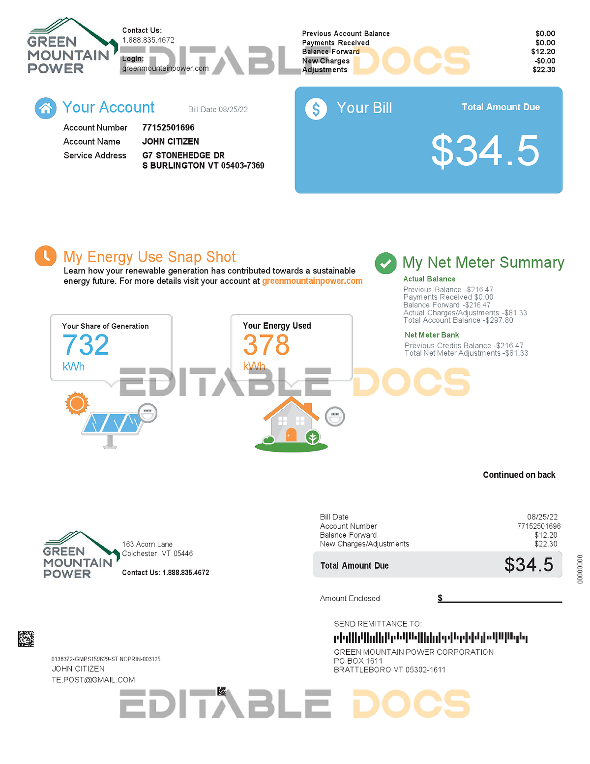 USA Vermont Green Mountain Power utility bill, Word and PDF template, 2