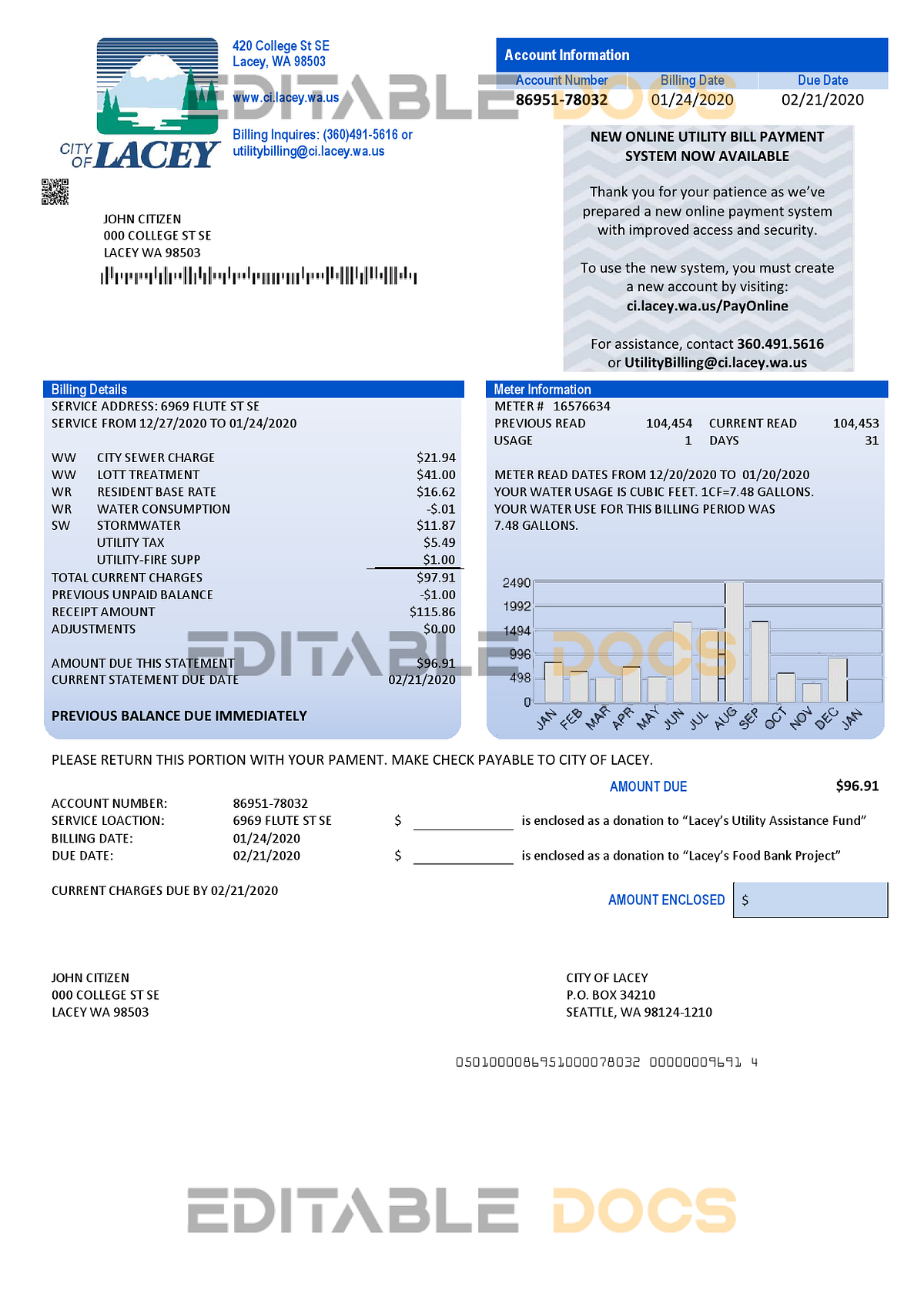 USA Washington City of Lacey water utility bill template in Word and