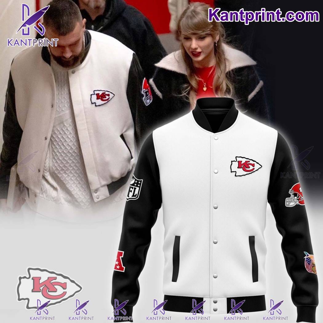 Travis Kelce with Taylor Kansas City Chiefs Black And White Baseball Jacket, by Kantprint