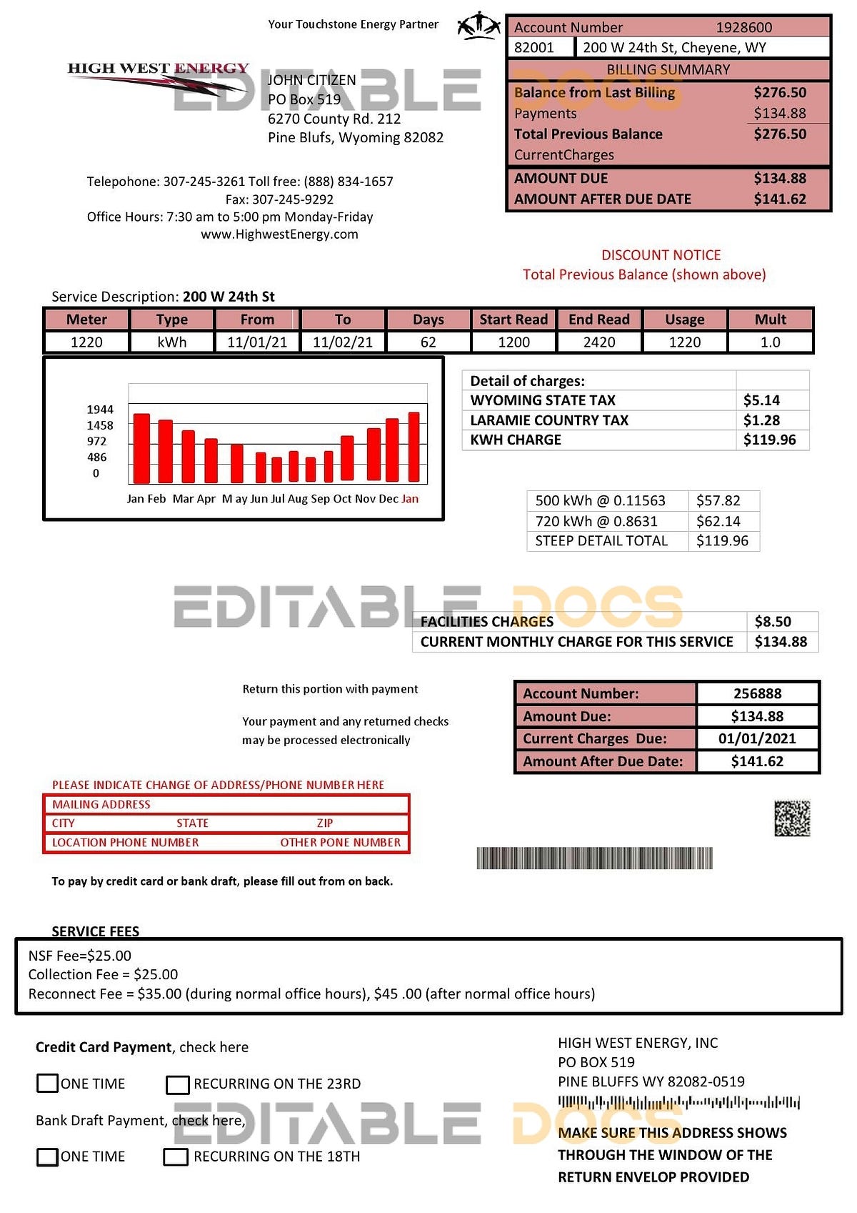 Usa wyoming high west energy utility bill in word anf pdf format 2