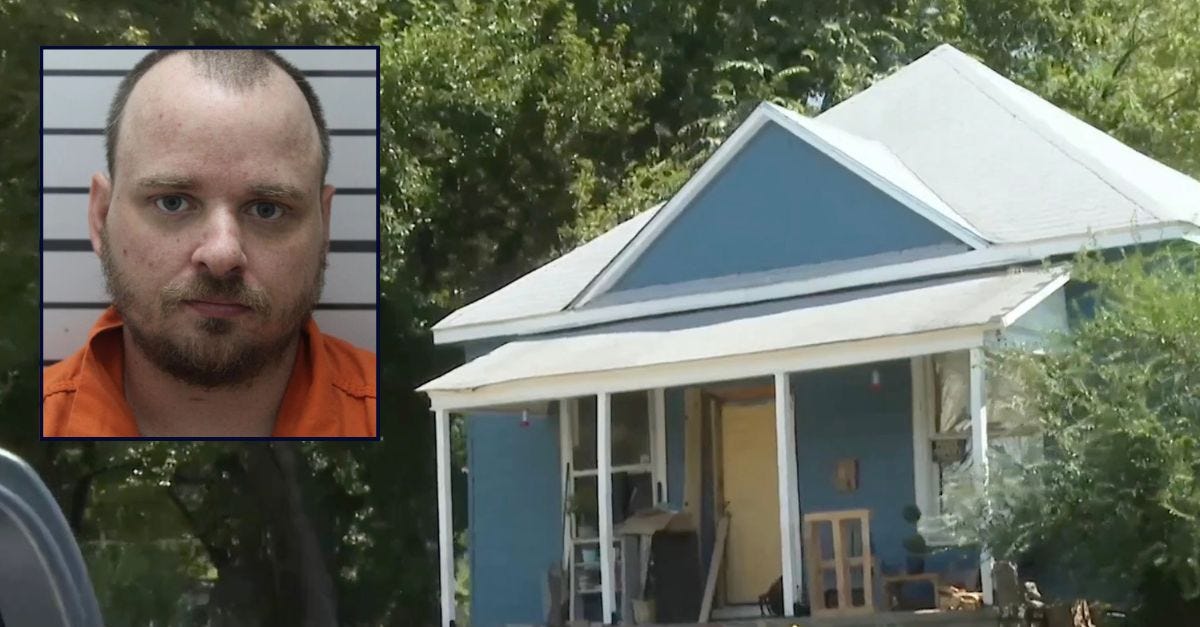 Inset Dustin J. Walker (Muskogee County Sheriff’s Office). Background: The home where the Walkers’ 11-year-old stepdaughter gave birth in 2025 (KJRH).