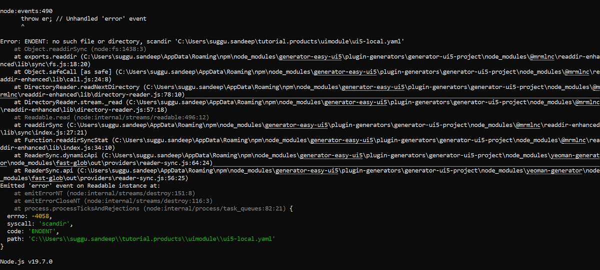 Error while generating a UI5 project using “generatoreasyui5” in CLI