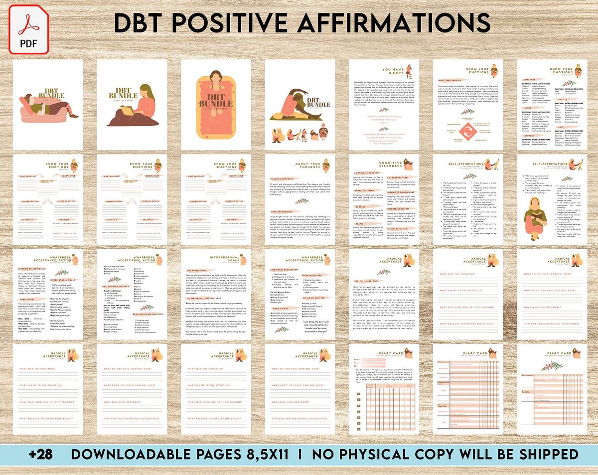 DBT Bundle, Diary Card, Cheat Sheet, Positive Affirmations, Dialectical ...