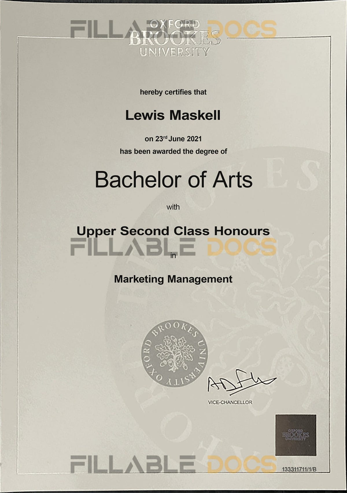 Fake Certificate from Oxford Brookes University Template - Fillabledocs ...