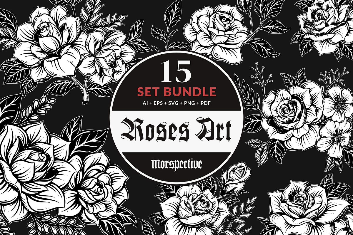 15 Set Bundle Roses Flowers Tattoo Art (Printable Illustrations) | by ...