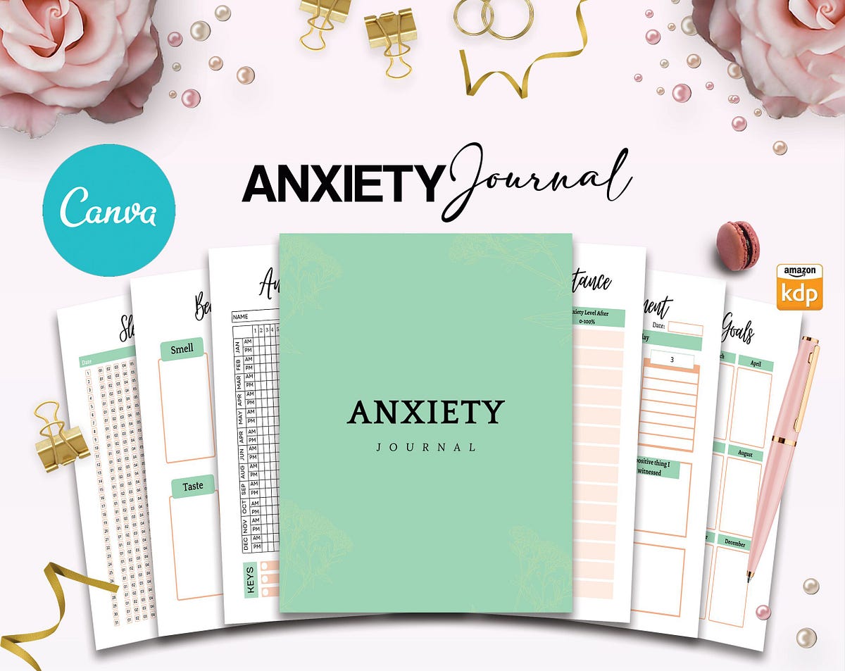 Anxiety Journal with questions, Therapy workbook 8.5x11" Canva Editable 30 Templates, Canva KDP
