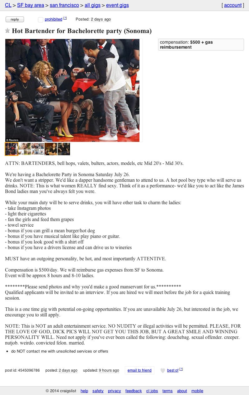 Craigslist Post Looking for Bachelorette Party “Manservant” — The Bold Italic — San Francisco