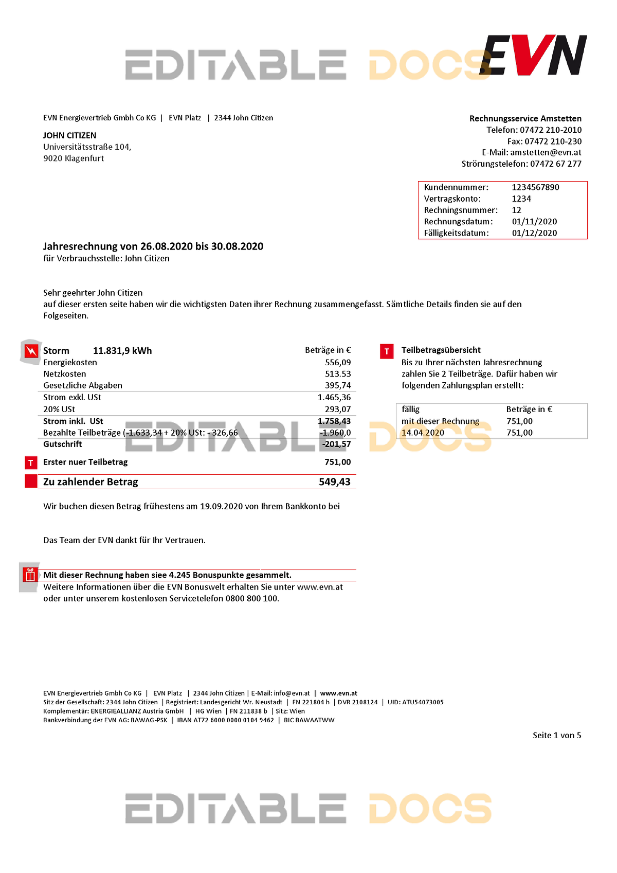 Austria EVN electricity utility bill template in Word and PDF format