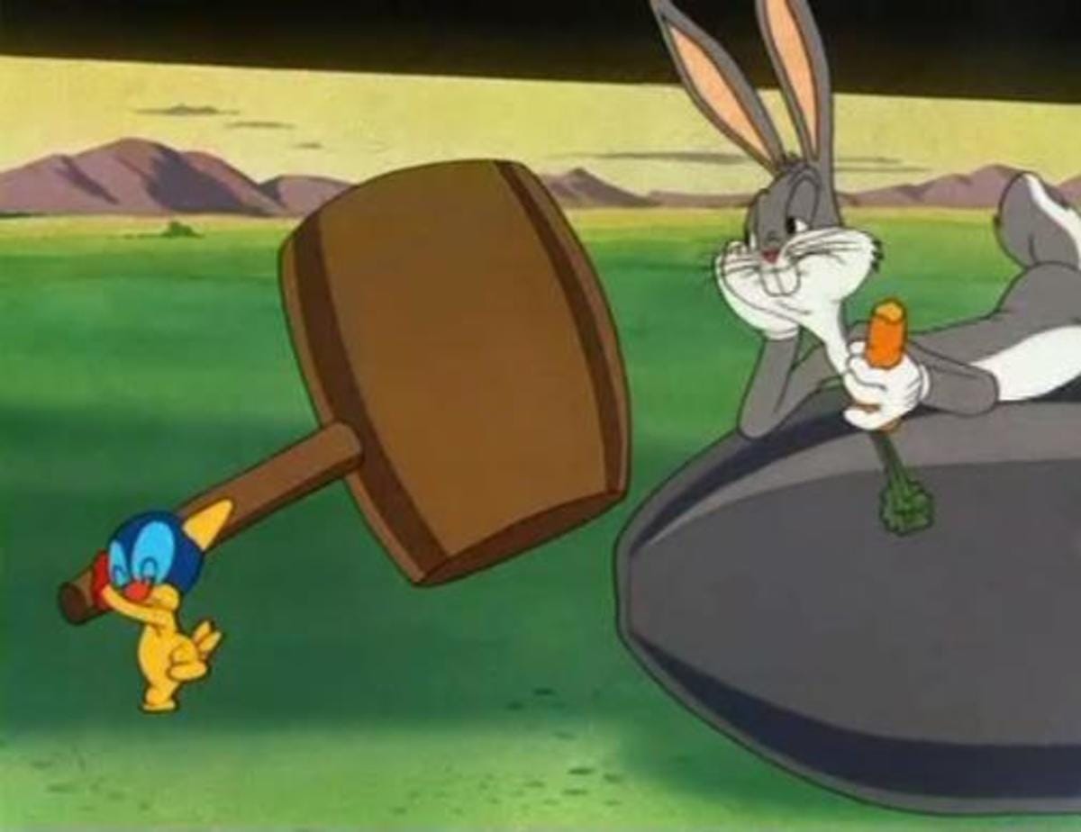 Bugs Bunny and a Gremlin ready to create havoc. scene is from the 1943 Warner Bros. cartoon Falling Hare.