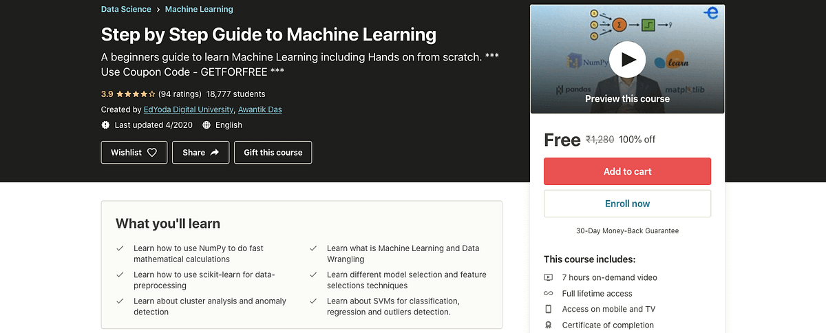 Machine Learning — Step by Step (2020) Free Certification Course Name ...