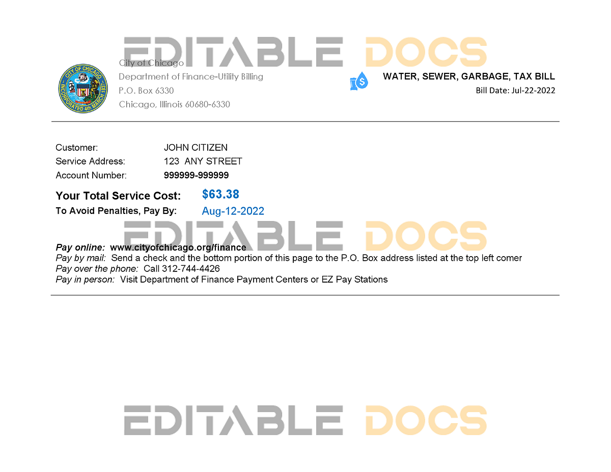 USA Illinois Chicago water, sewer, garbage, tax bill Word and PDF ...