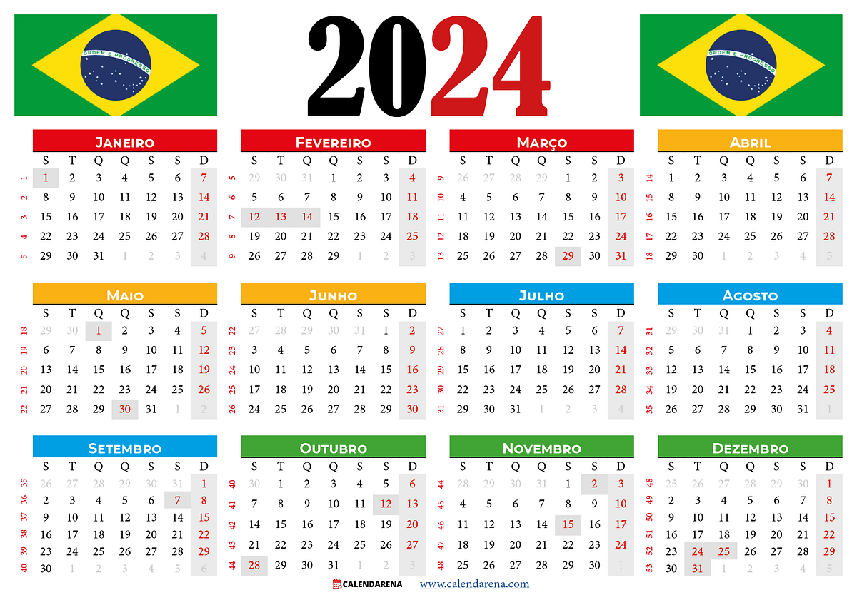 Calendário 2024 brasil para imprimir com feriados by Calendarena Medium