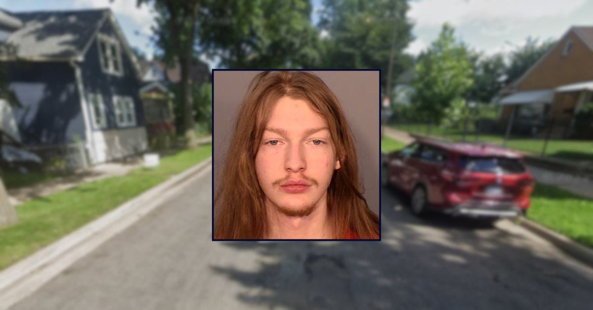 Inset: Dylan Raymond Strain (Ramsey County Jail). Background: The 800 block of Woodbridge Street in St. Paul, Minn., where Strain abused his twin sons (Google Maps).