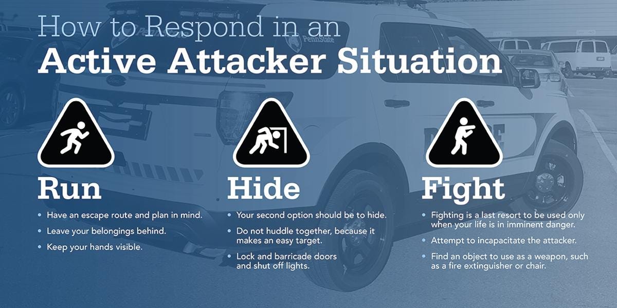 Run. Hide. Fight.. Practice situational awareness to help… by
