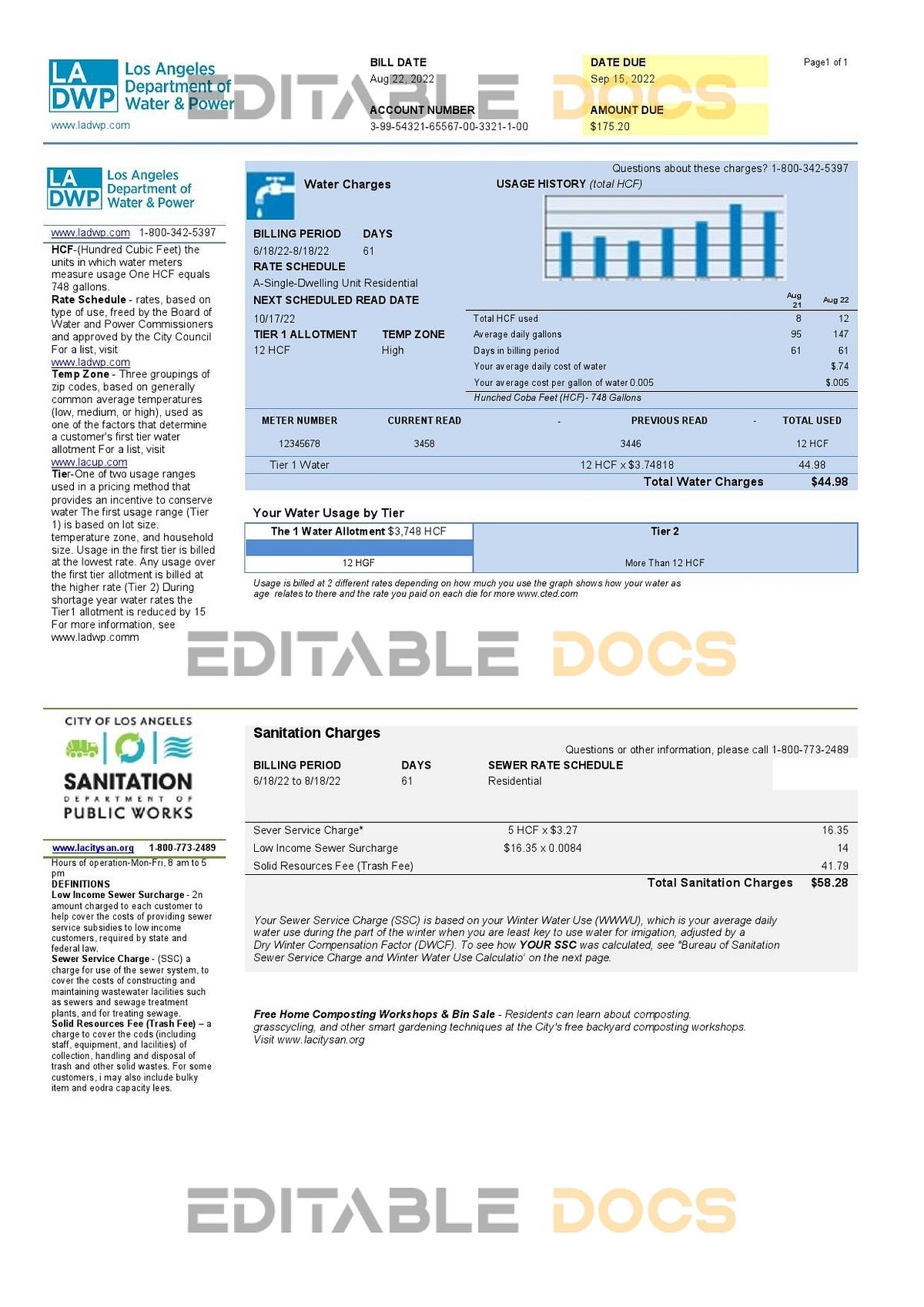 USA LA DWP utility bill template in Word and PDF format editable docs Medium