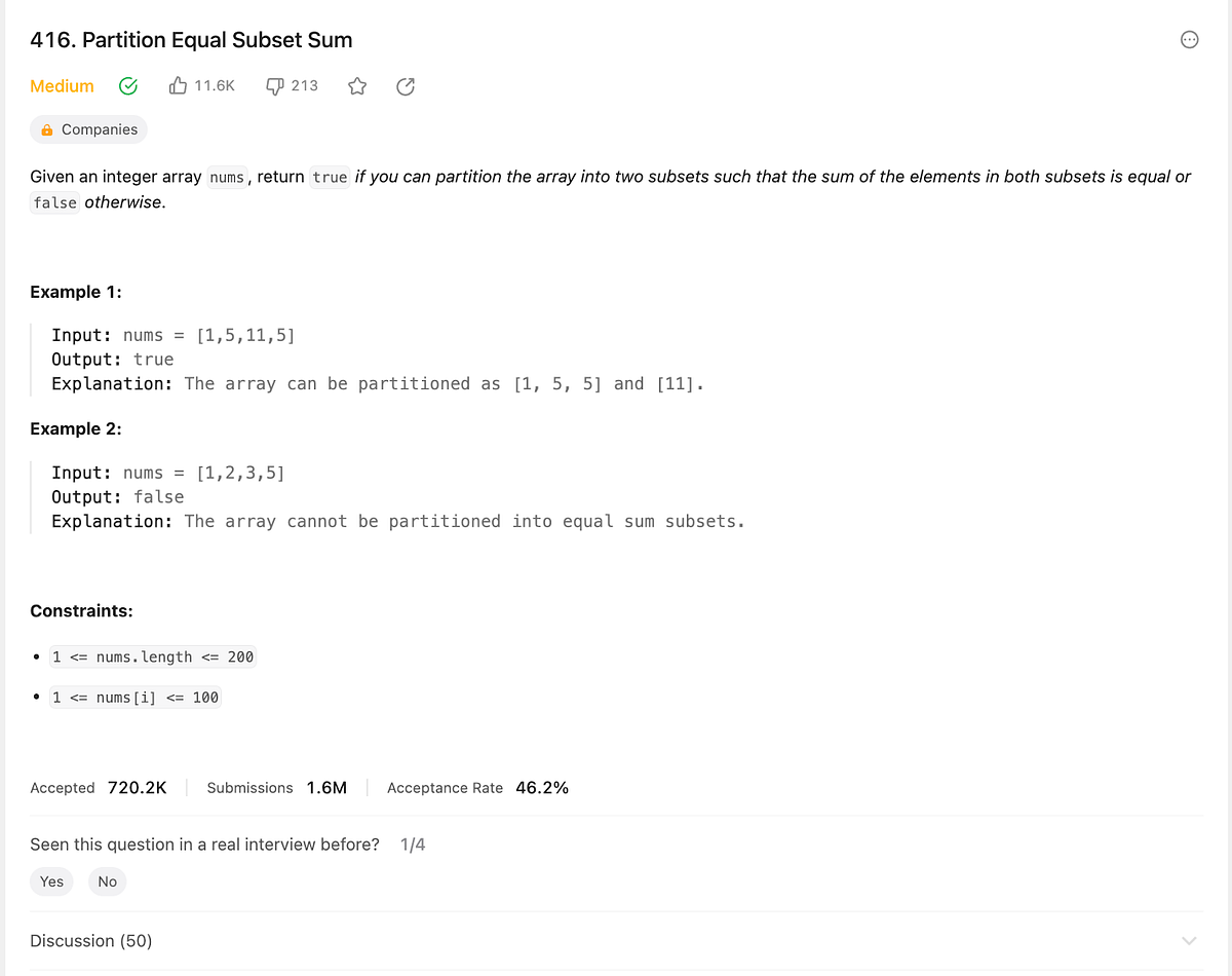 416. Partition Equal Subset Sum. Let’s first understand the question ...