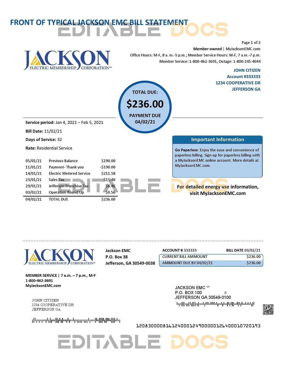 Usa Georgia Jackson Emc Utility Bill Template In Word And Pdf Format 2 Pages Editable Docs 8274