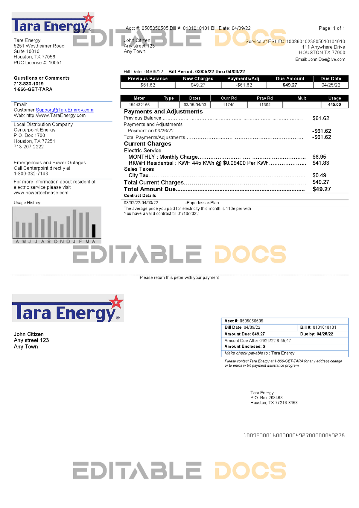 USA Texas Tara Energy utility bill template in Word and PDF format ...