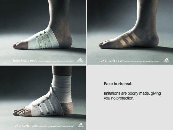 Nadenkend Vorming Sui Fake Hurts Real: How Adidas' Visual Storytelling Sent a Compelling Warning  to Imitators | by Mark | Better Marketing