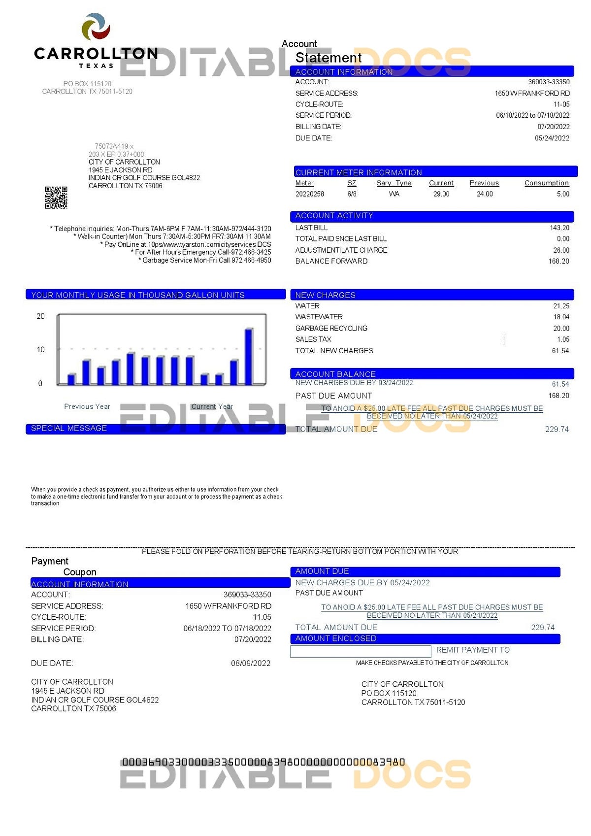 USA Texas Carrollton utility bill template in Word and PDF format ...