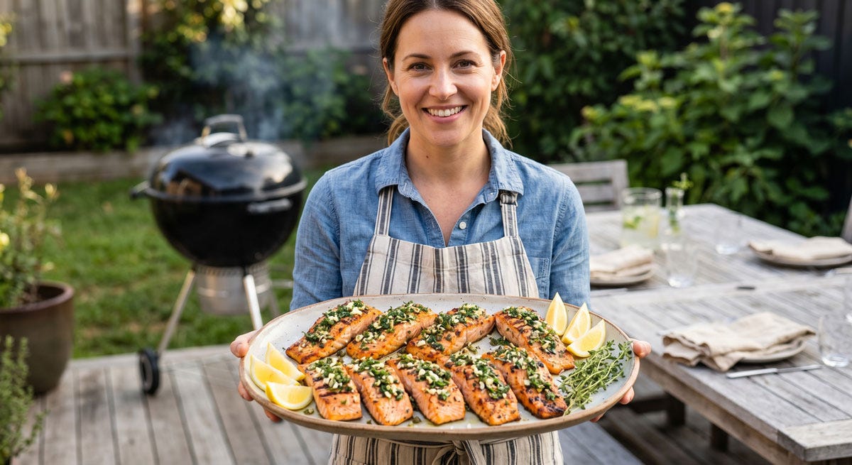 Barbecued salmon with lemon and herbs