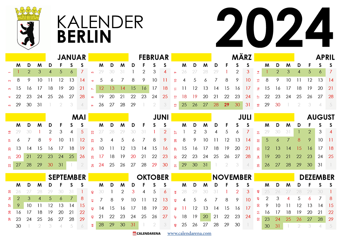 Kalender 2024 Berlin mit ferien + Feiertage Calendarena Medium