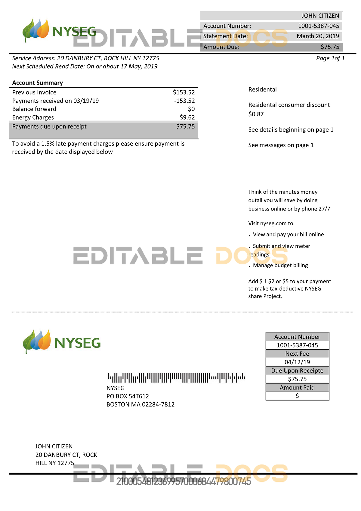 USA Massachusetts Boston NYSEG electricity utility bill template in Word and PDF format