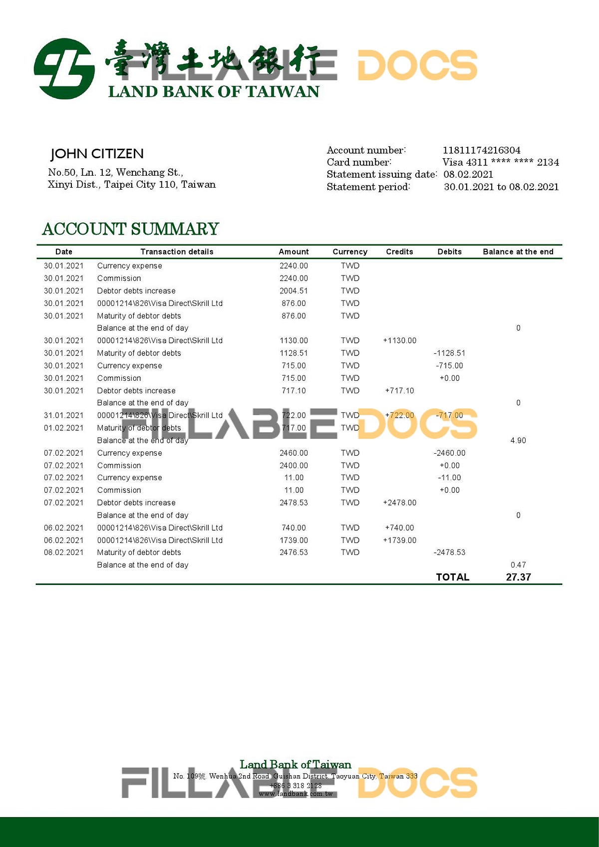 Taiwan Land Bank of Taiwan bank statement template in Word and PDF