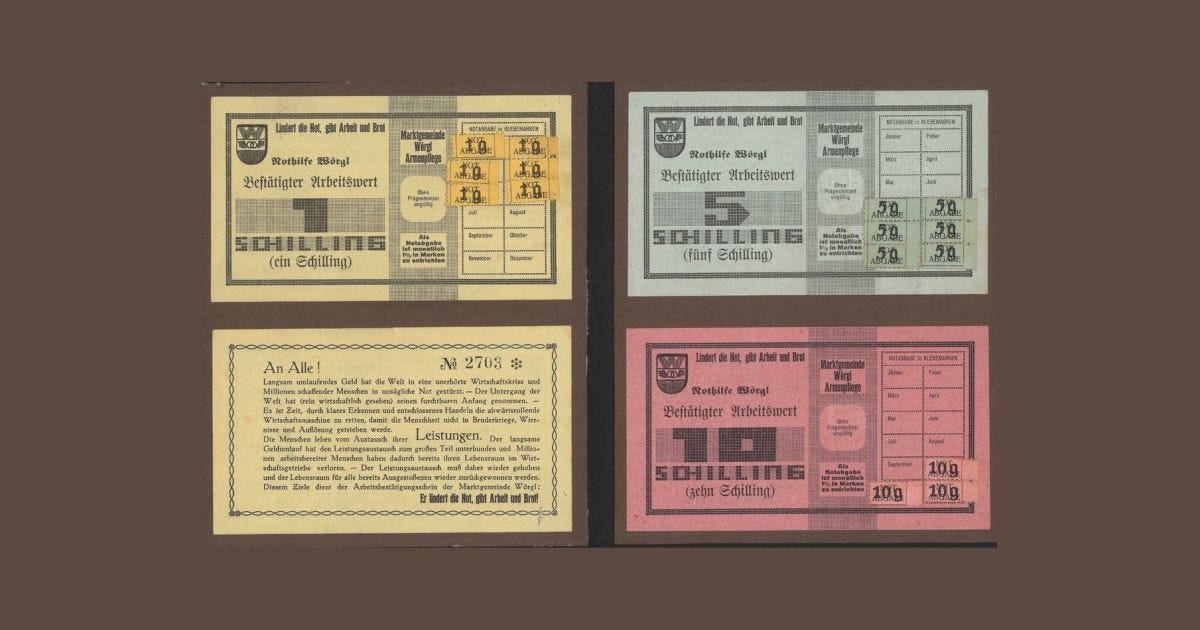 The Wörgl work value confirmations worth 1, 5 and 10 shillings — the Wörgl free money (Source: The Free Economy Experiment of Wörgl)