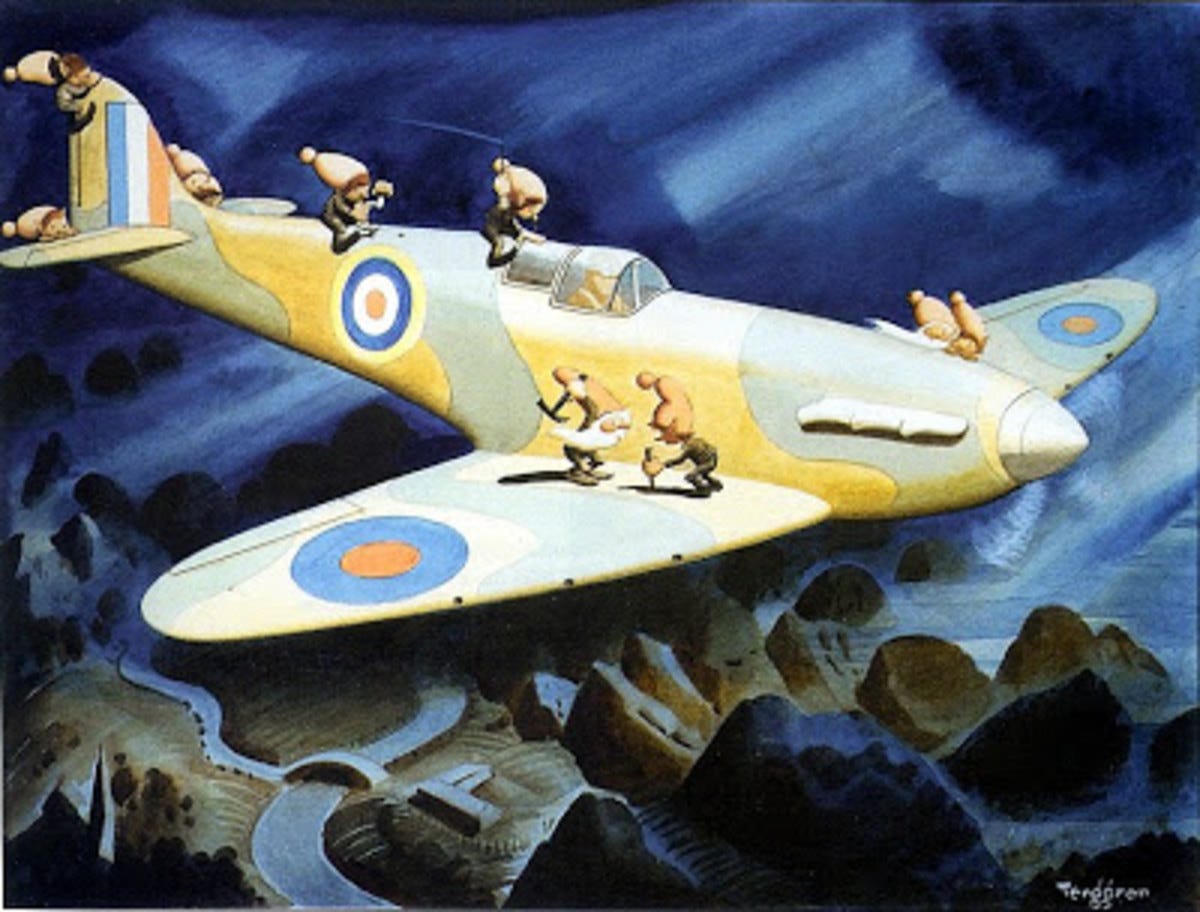 “Gremlins and Fifinellas on an airplane” by artist Gustaf Tenggren. Collier’s Magazine, Oct. 31, 1942