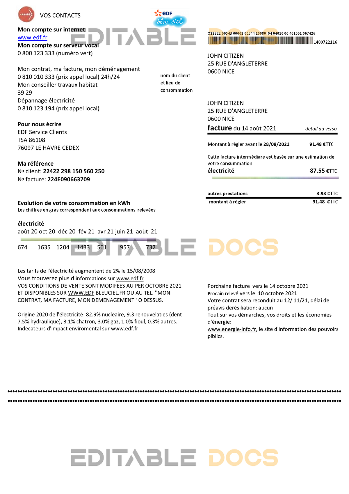 France EDF proof of address utility bill template in Word and PDF ...