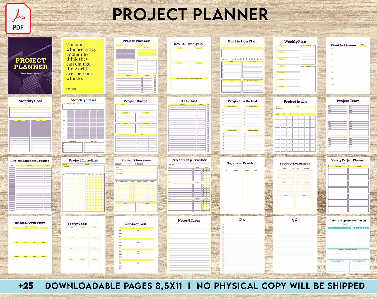 Free Project Planner PDF Printable, 8,5x11 inch A4 size, For journal ...