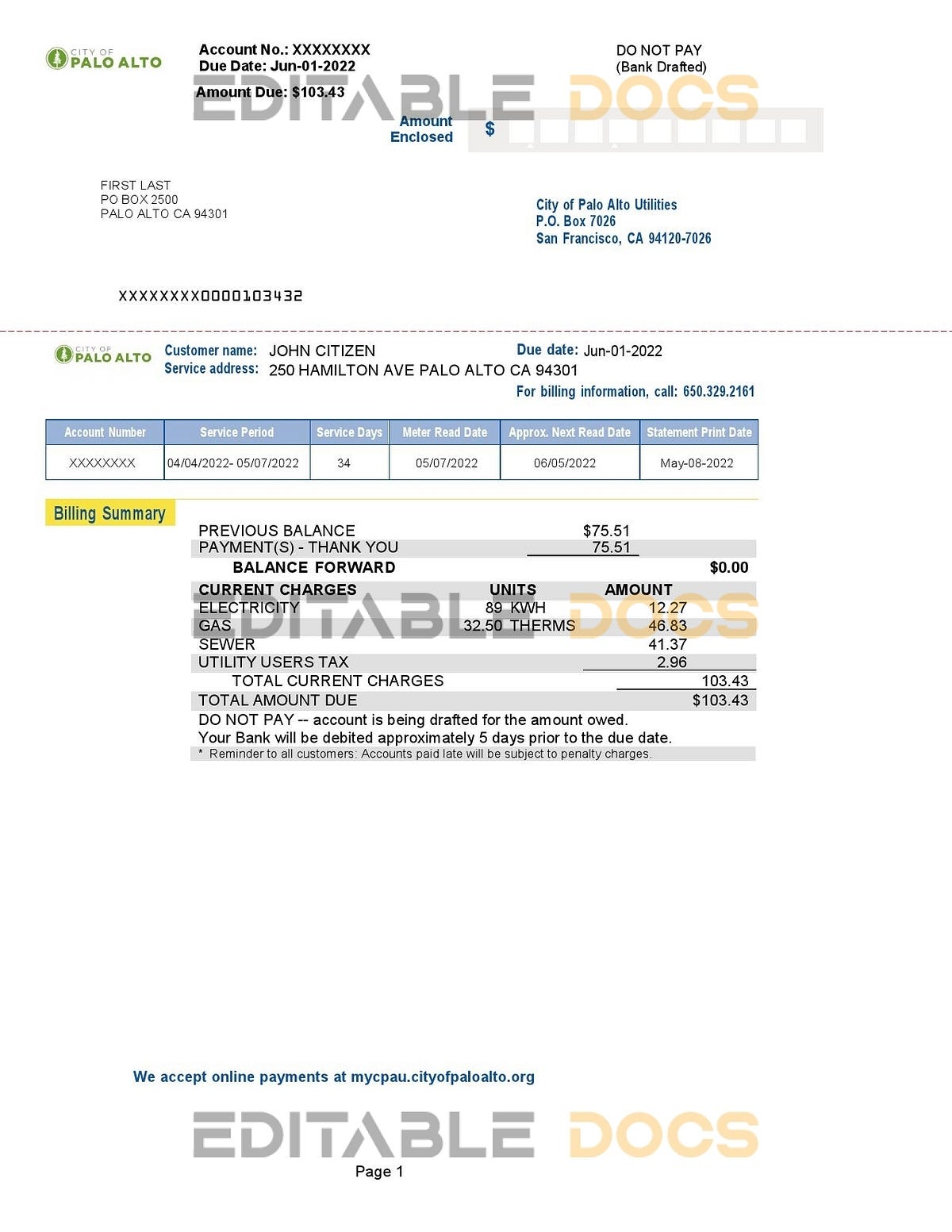 USA California Palo Alto utility bill, Word and PDF template, 2 pages
