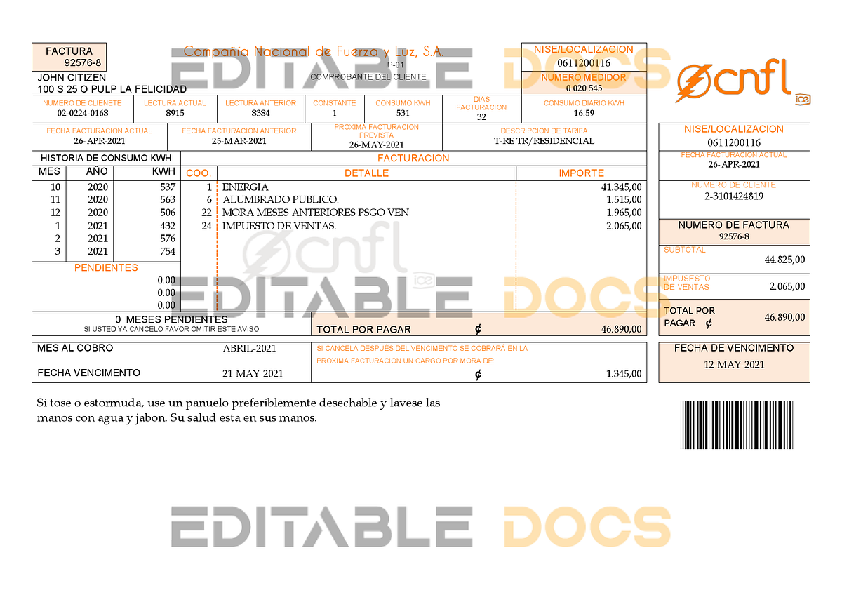 Costa Rica Compañía Nacional de Fuerza y Luz, S.A. (CNFL) utility bill