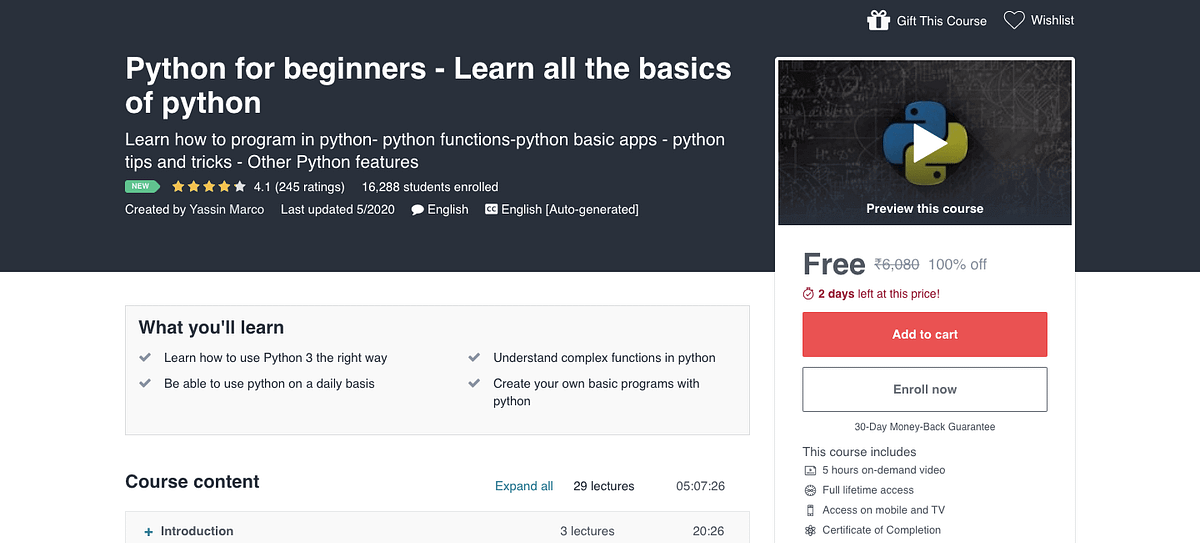Python for beginners — Learn all the basics of python | 100% Off | by ...