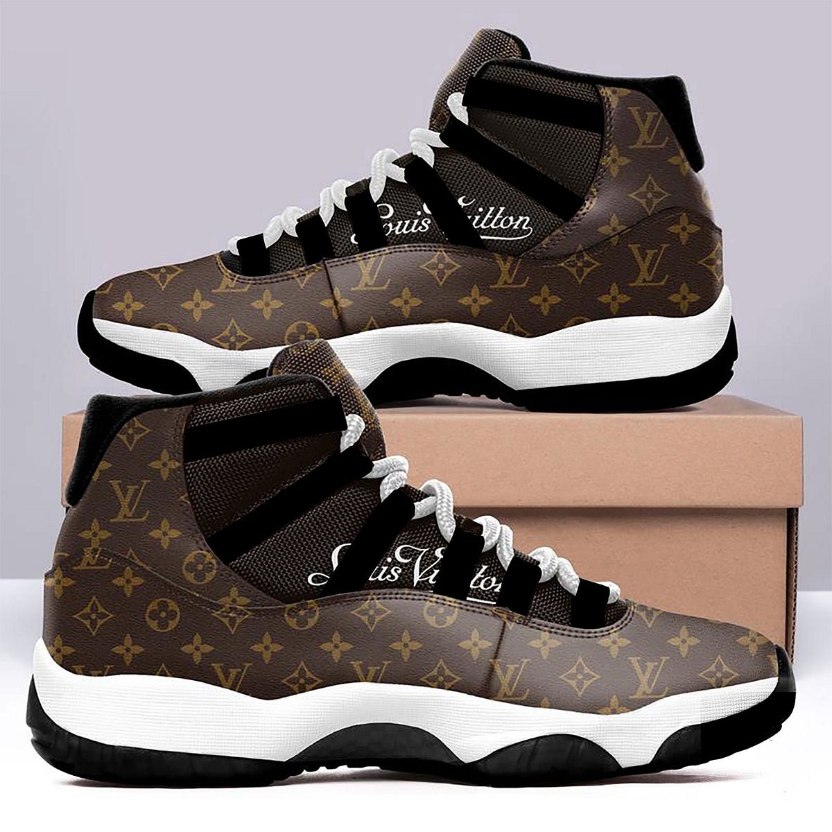 HOT Louis Vuitton Big Logo Brown And Cream Air Jordan 1 Sneakers