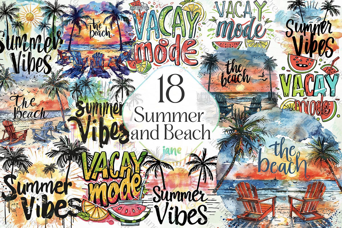 Summer and Beach Sublimation Clipart (Printable Illustrations) | by ...