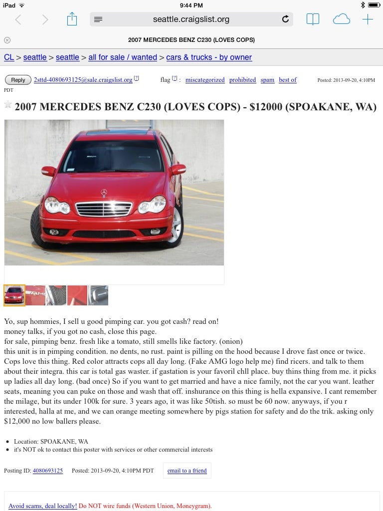 Worst Craigslist Car Ad Ever… by Paul Salzman Ich Spreche Medium