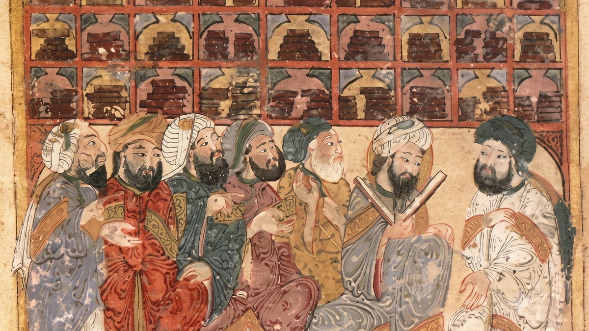 Abbasi kütüphanesindeki alimler. El-Hariri Makamatı, Yahya ibn Mahmud el-Vasıti İllüstrasyonu, 1237 (yapay zeka tarafından netleştirildi :))
