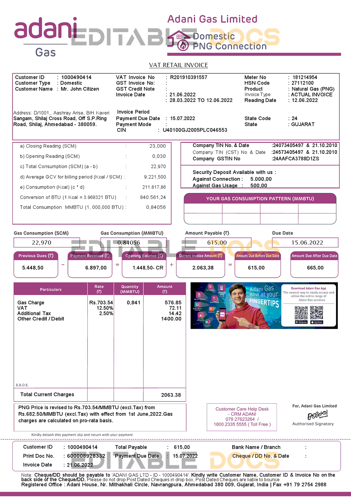 India Adani utility bill template in Word and PDF format - editable ...