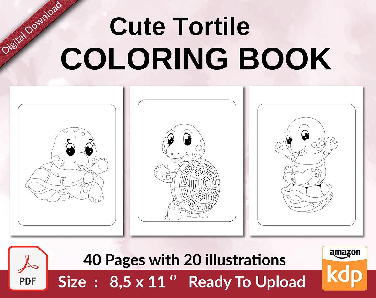 Cute Tortile Coloring book KDP interior For Kids aged 2–4 4–8, 8.5x11 ...