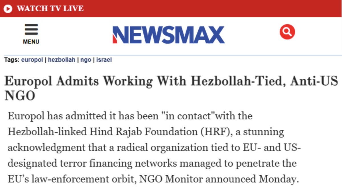 🚨 Europol has admitted to NGO Monitor that “it has been ‘in contact’ with the Hezbollah-linked Hind Rajab Foundation (HRF).”’ @NEWSMAX reports on our findings following claims by HRF that @Europol (the EU’s law-enforcement agency) was assisting it with “war crimes