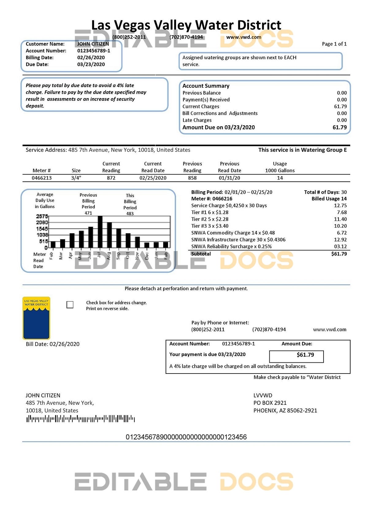 Usa Las Vegas Valley Water District (lvvwd) Utility Bill Template In 