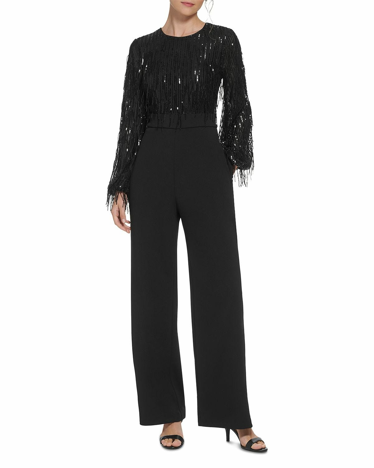 Long-Sleeve Jumpsuit with Fringe Detail and High Neckline - Black main image 1