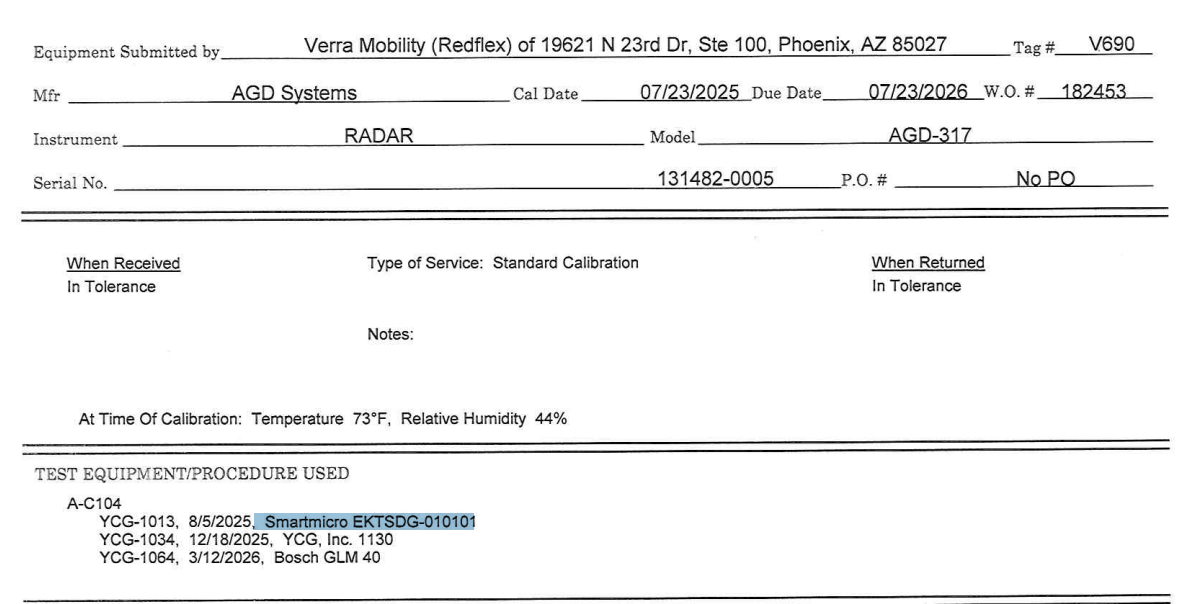 Screenshot of a Verra Mobility calibration certificate from Colorado Springs
