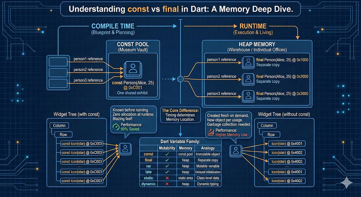 Understanding const vs final in Dart: A Memory Deep Dive | by SREENU ...