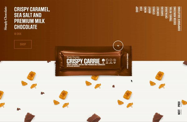 An animated gif screen recording of the Simply Chocolate homepage with a dynamic hover state and reveal of it’s hero product — the Crispy Carrie chocolate bar.