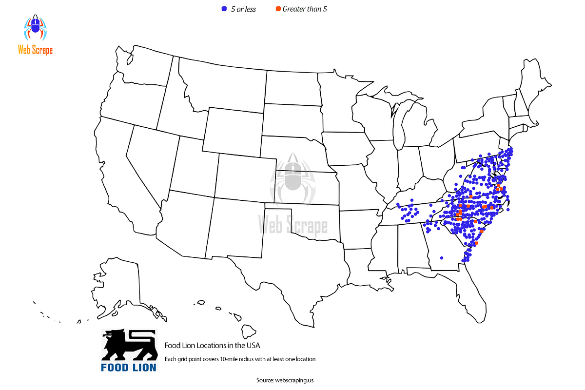 Number of Food Lion Locations in the United States by  Scrape Medium