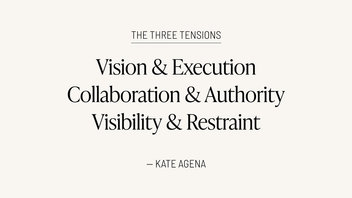 A list graphic titled “The Three Tensions”: Vision & Execution; Collaboration & Authority; Visibility & Restraint. Attributed to Kate Agena.